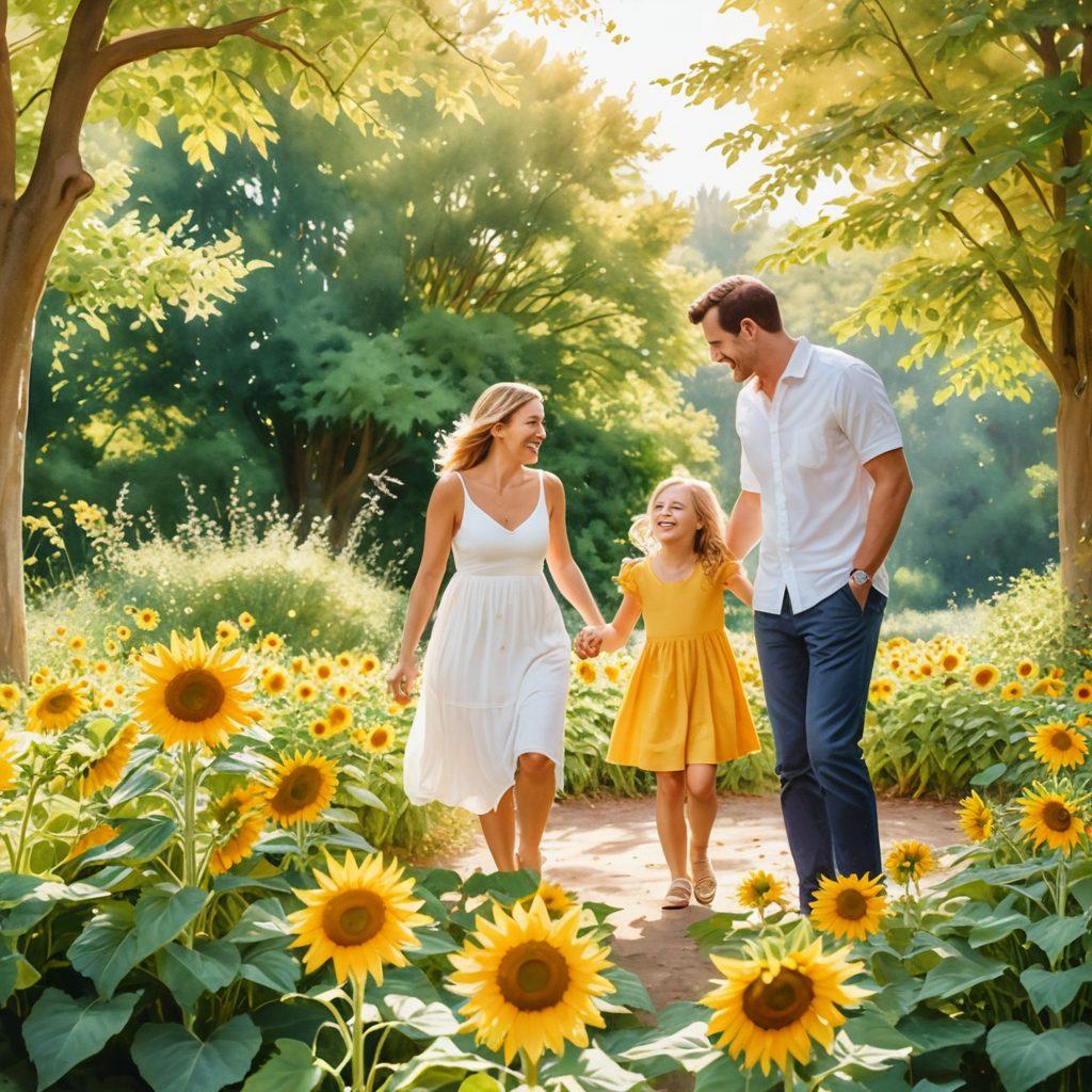 A serene family scene in a sunlit park, showcasing parents joyfully interacting with children, surrounded by lush greenery and vibrant flowers. Include symbols of emotional well-being like a heart, sunflowers, and calm expressions on faces. Capture moments of laughter and connection, emphasizing joyful lifestyle choices. watercolor style. warm colors. soft focus.