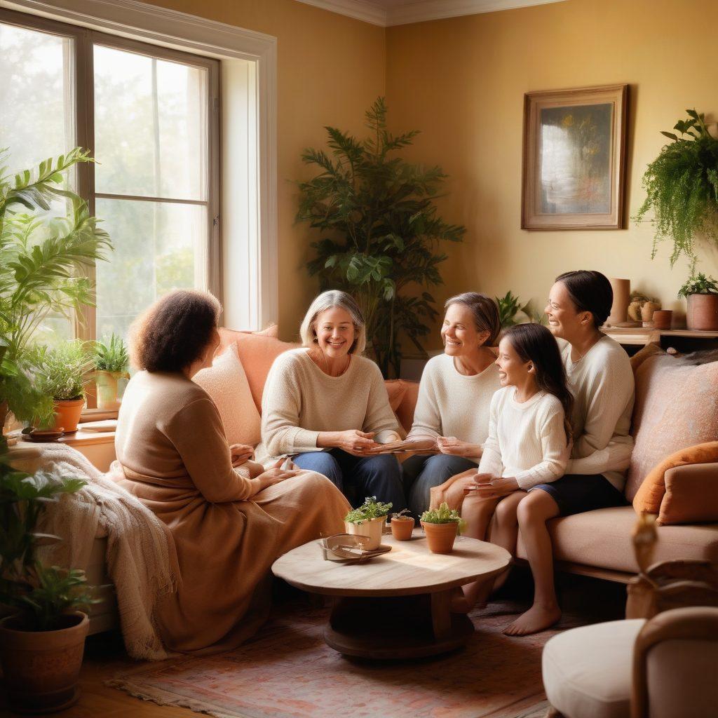 A warm and inviting family gathering in a cozy living room, showcasing multiple generations laughing and supporting each other, surrounded by symbols of caregiving like handmade crafts and nurturing plants. Soft light filters through a window to create a serene atmosphere, highlighting the bonds formed through love and support. Emphasize togetherness and affection among family members. painting. warm colors. soft focus.